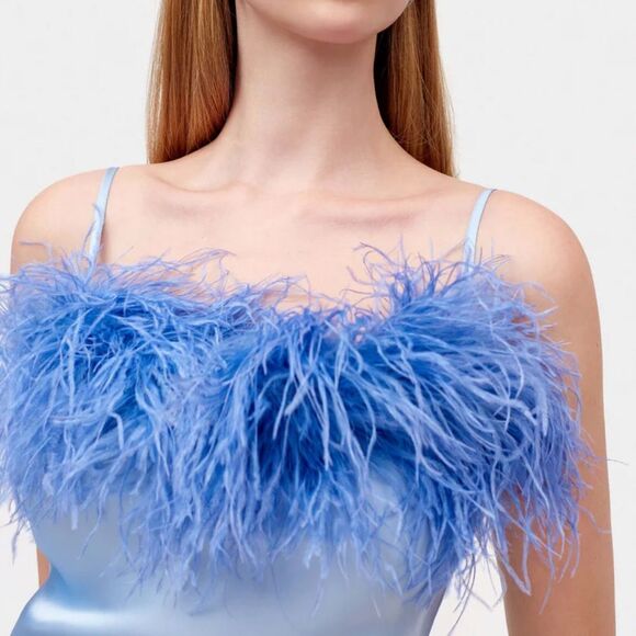 NWT SLEEPER Boheme Feather-trimmed Midi Slip Dress in Ecovero Blue M - Picture 8 of 11